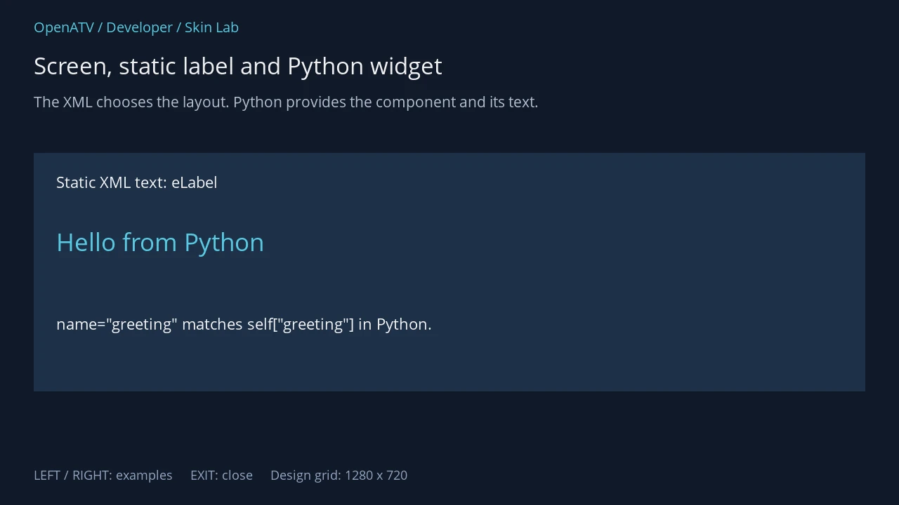 Static XML label and a larger cyan Hello from Python label on the native receiver
