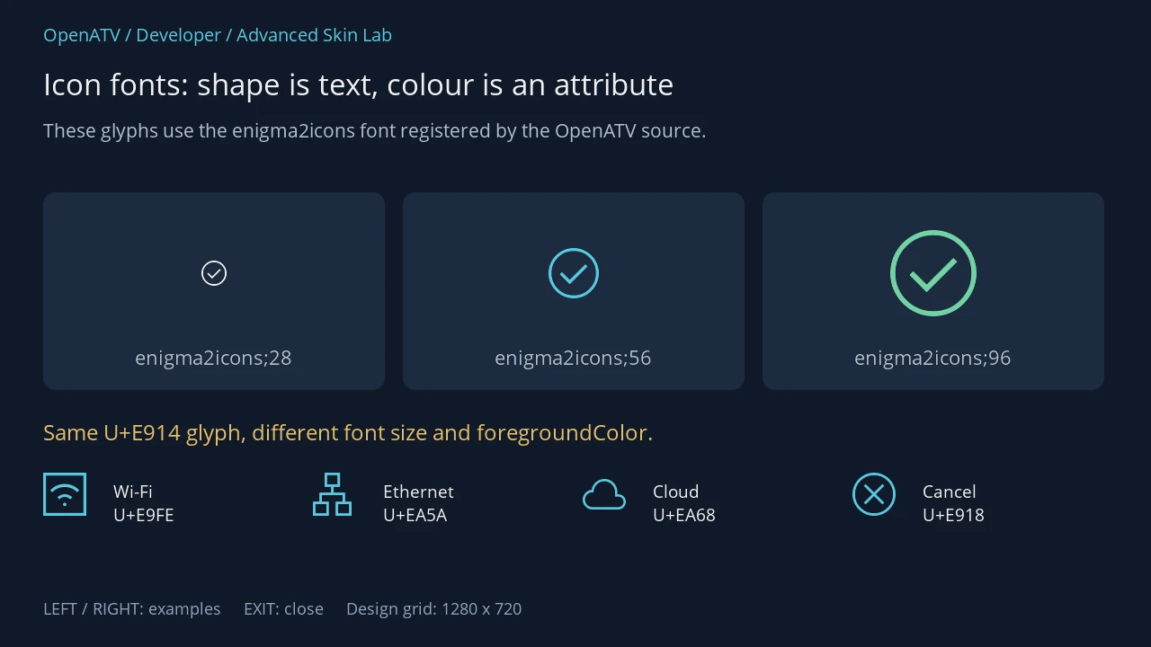 Native check-circle glyph rendered in three sizes and colours, followed by Wi-Fi, LAN, cloud and cancel icons
