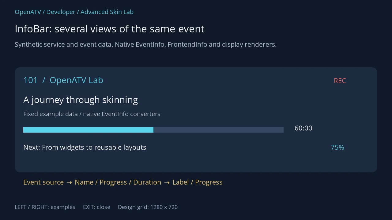 Native example InfoBar with a programme title, description, half-filled progress bar, 60-minute duration and recording label