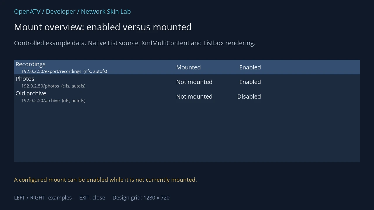 Native configured-mount list showing mounted and enabled as separate columns