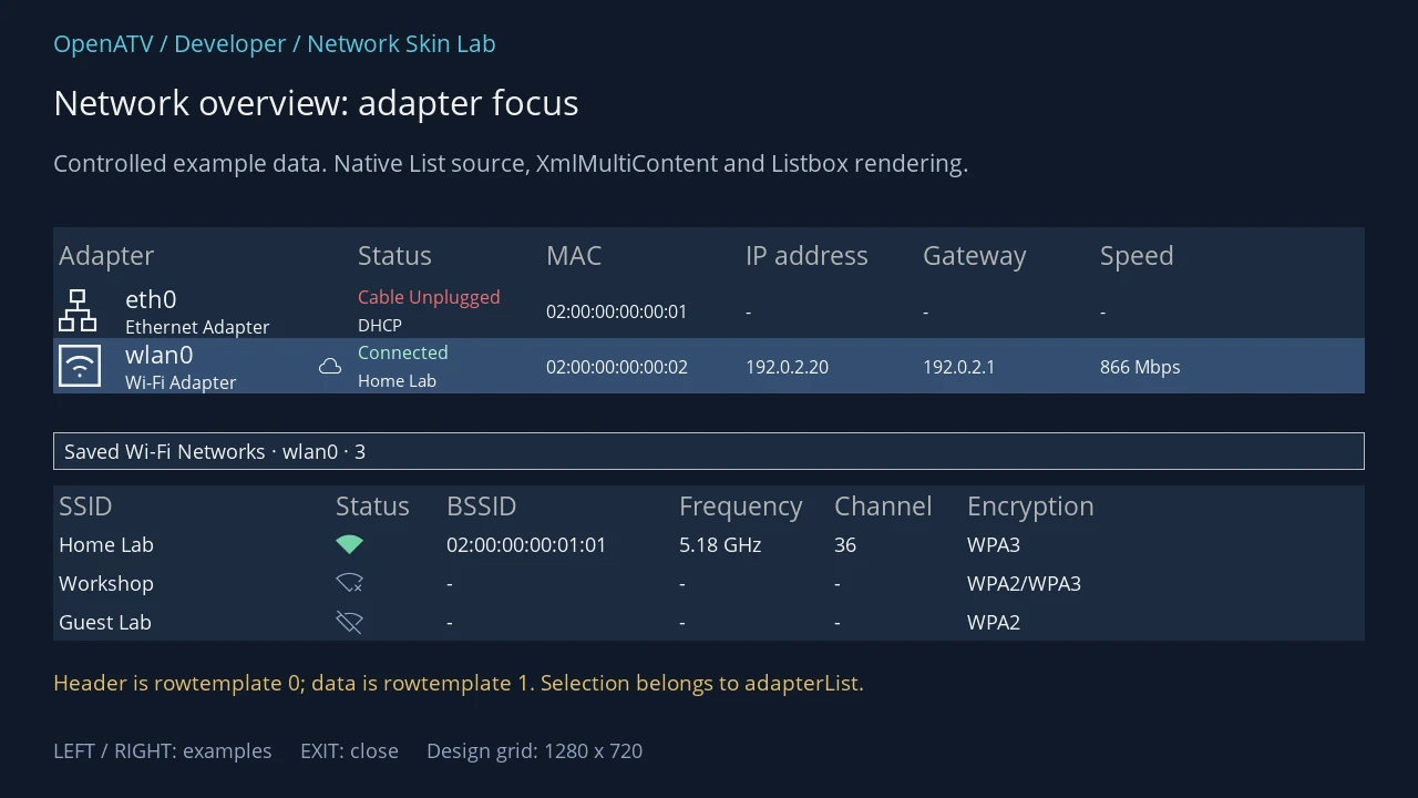Native network list example with the Wi-Fi adapter selected and three saved profiles underneath