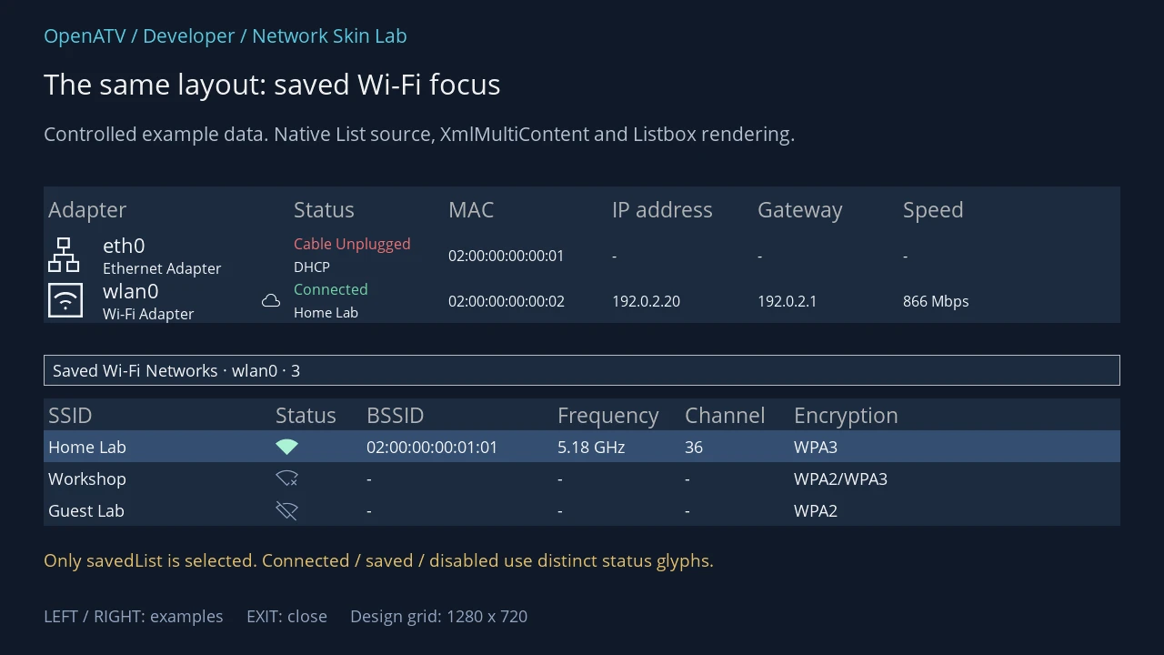 Native network overview with the lower saved Wi-Fi list selected and connected, saved and disabled glyphs