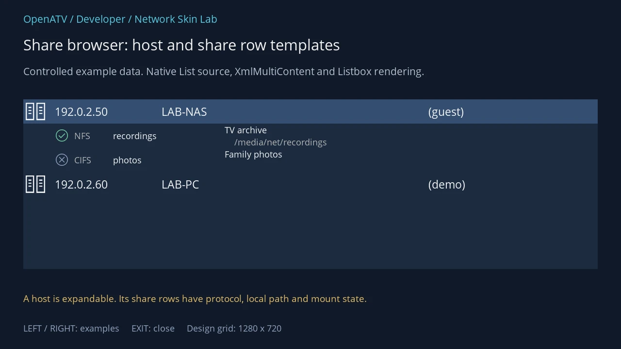 Native share-browser list with two fictional hosts and indented NFS and CIFS shares