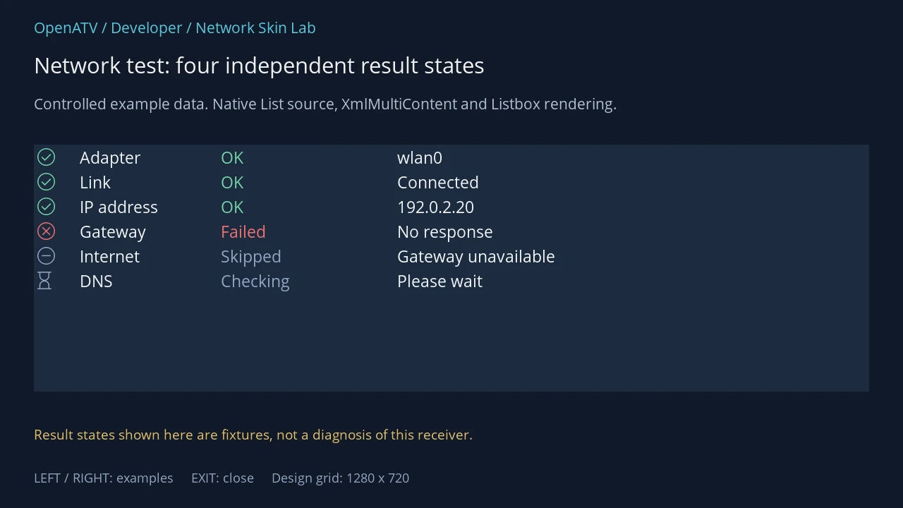 Native diagnostic list showing green success, red failure, grey skipped and busy states