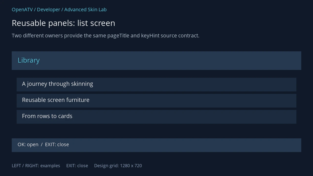 Native library example using a shared blue title header and footer around three list entries
