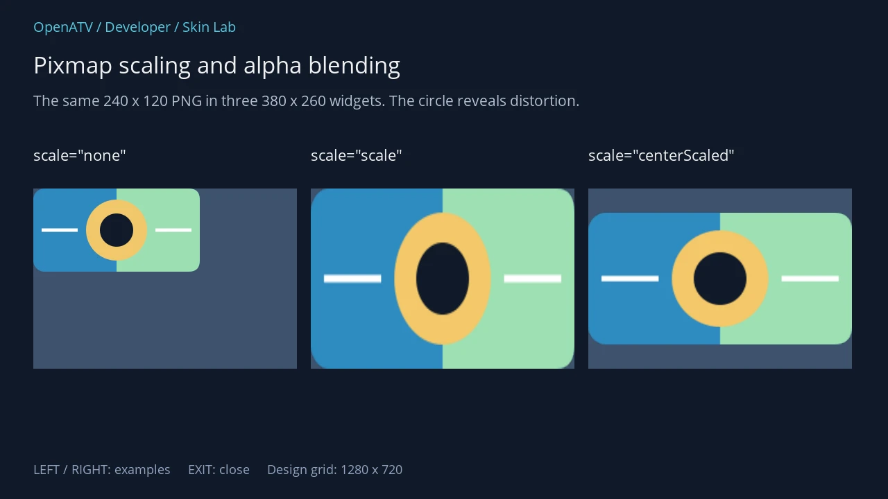 The same two-to-one test PNG unscaled, stretched and scaled while preserving its aspect ratio