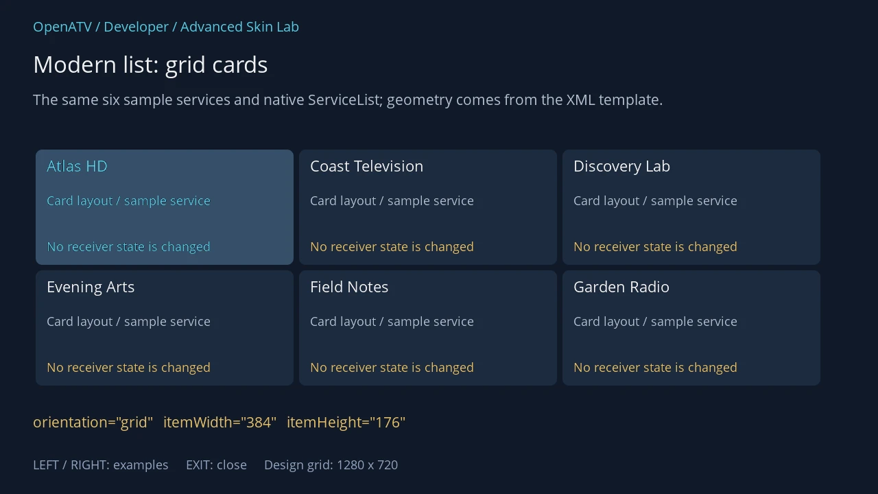 Native modern channel list displaying the same six sample services as a three-column card grid