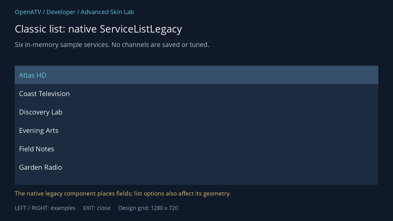 Native classic channel-list component displaying six named sample services