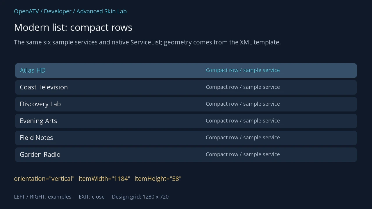 Native modern service list showing six compact rows and the selected first row