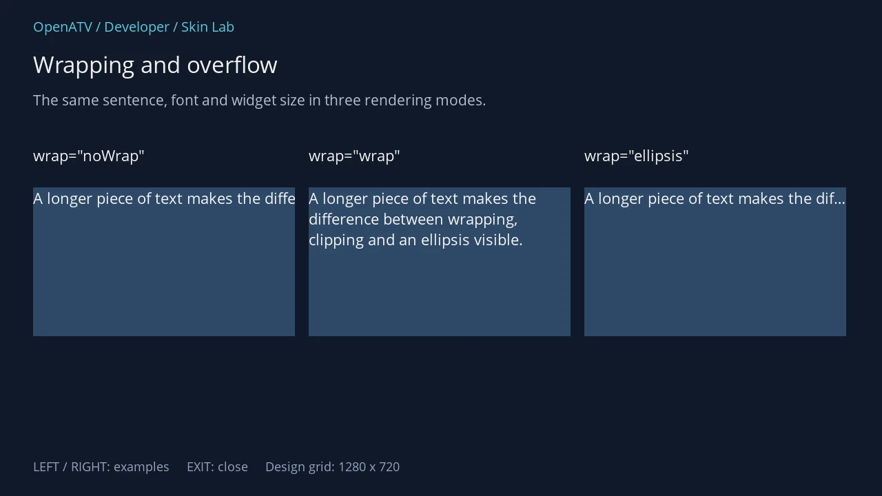 The same long sentence clipped, wrapped over lines, and truncated with an ellipsis
